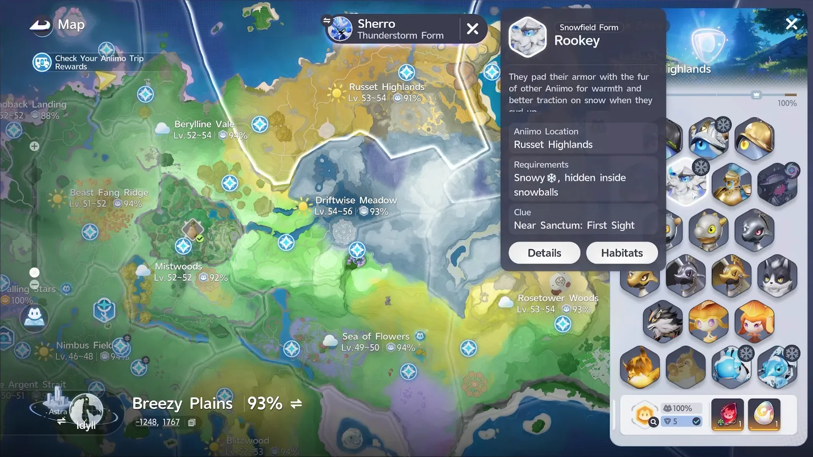 Snowfield Form Rookey card on the Aniimo map: Russet Highlands, Requirements Snowy, hidden inside snowballs, Clue Near Sanctum: First Sight