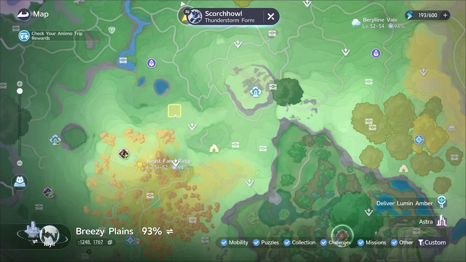 Thunderstorm Scorchhowl habitat square on the Aniimo map, just north of the Beast Fang Ridge label, Lv.51~52, on a sunny day
