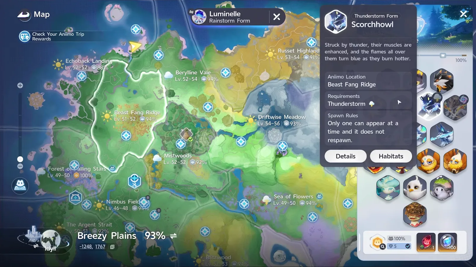 Thunderstorm Form Scorchhowl card on the Aniimo map: Beast Fang Ridge, Requirements Thunderstorm only, one at a time and it does not respawn
