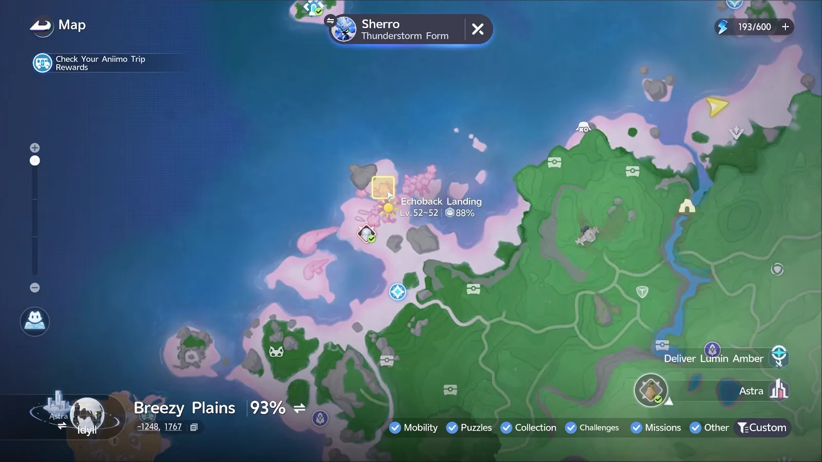 Thunderstorm Sherro habitat square at the northern tip of Echoback Landing on the Aniimo map, beside the Lv.52~52 region label