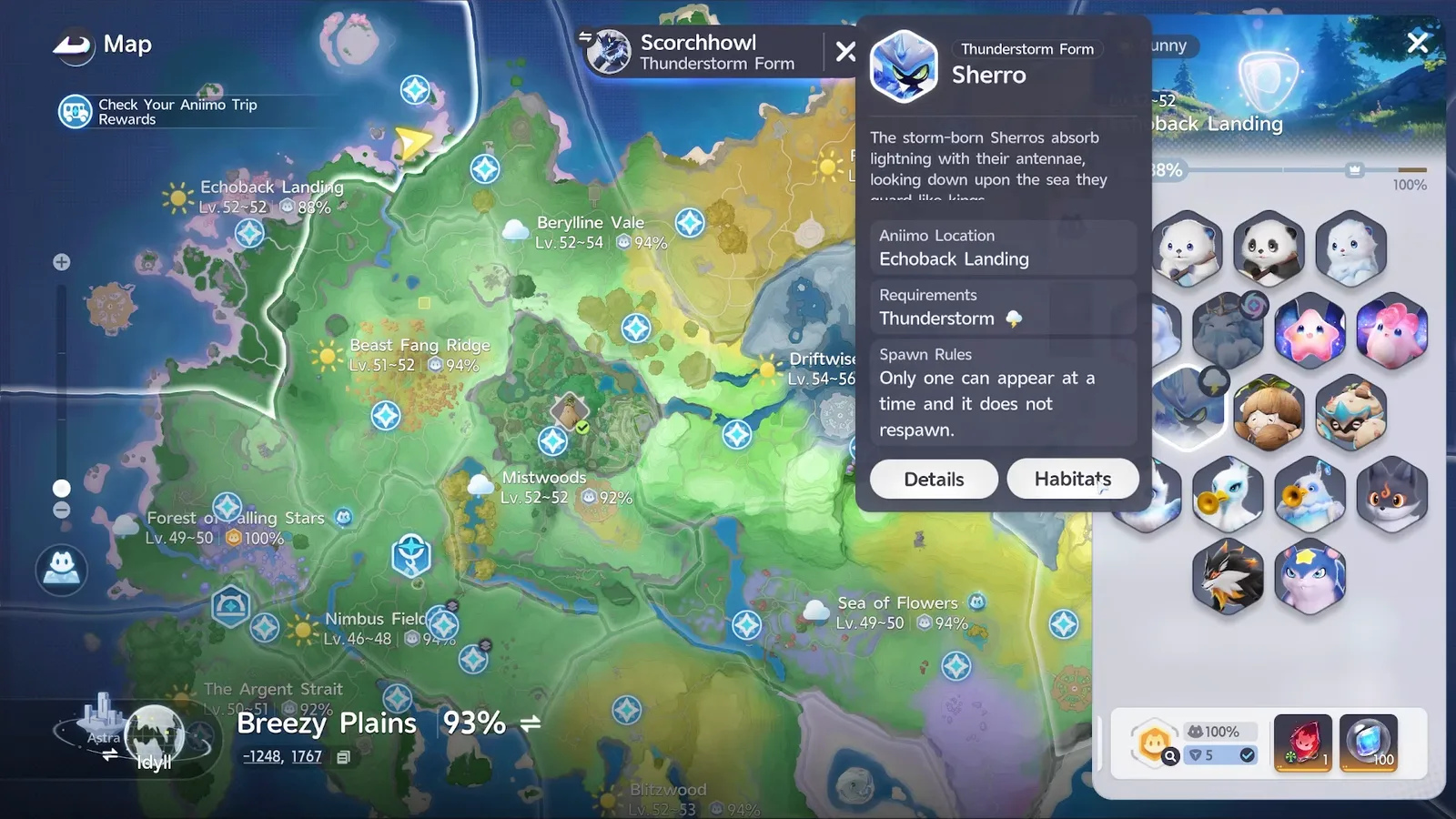 Thunderstorm Form Sherro card on the Aniimo map: Echoback Landing, Requirements Thunderstorm, one at a time and it does not respawn
