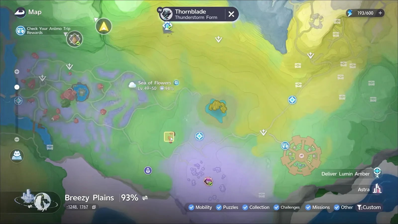 Thunderstorm Thornblade habitat square south-west of the Sea of Flowers label on the Aniimo map, the region showing a rain cloud and the blue variant badge