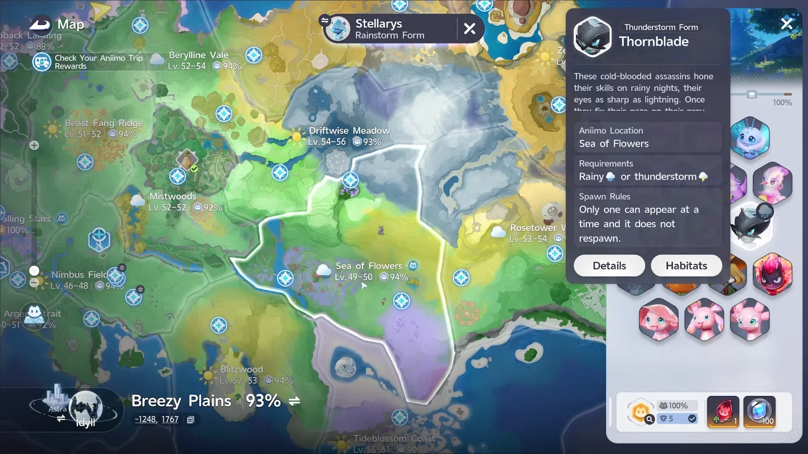 Thunderstorm Form Thornblade card on the Aniimo map: Sea of Flowers, Requirements Rainy or thunderstorm, one at a time and it does not respawn