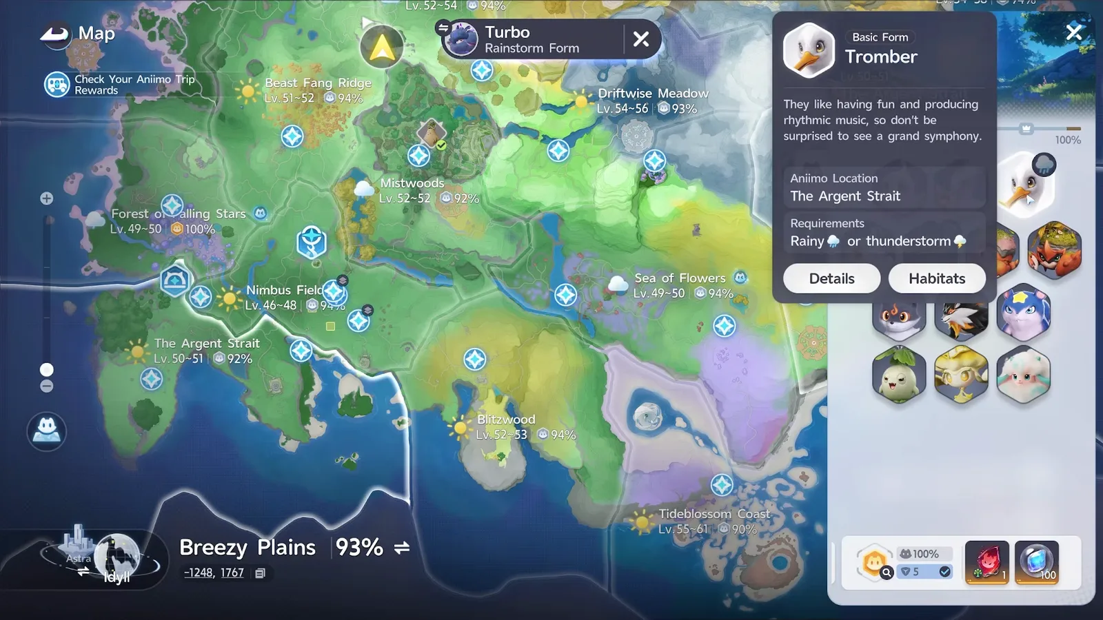 Basic Form Tromber card on the Aniimo map: The Argent Strait, Requirements Rainy or thunderstorm, its roster tile carrying a rain badge