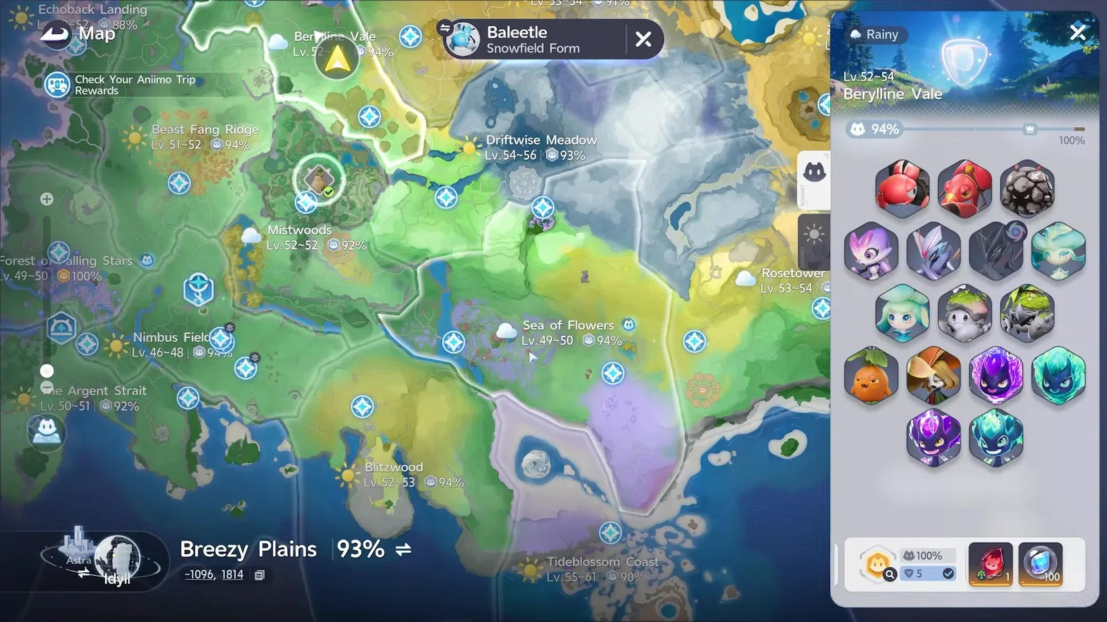 The Aniimo world map zoomed out, rain clouds beside Berylline Vale, Mistwoods, Sea of Flowers and Rosetower, suns beside the other regions, and a Rainy Berylline Vale panel