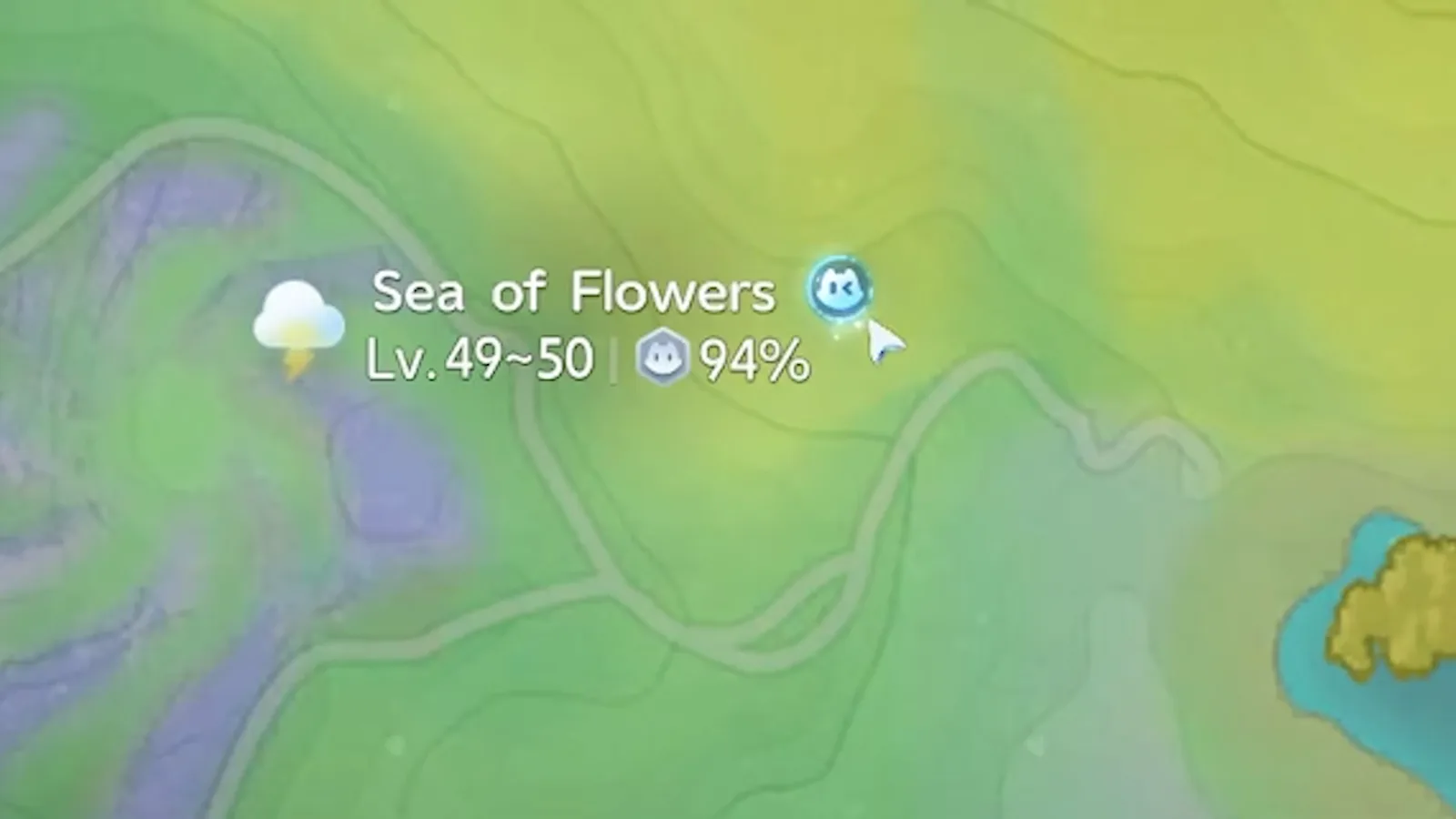 Sea of Flowers label on the Aniimo map, Lv.49~50 and 94%, with a thunderstorm cloud icon and the blue Aniimo-face badge showing a weather variant is live