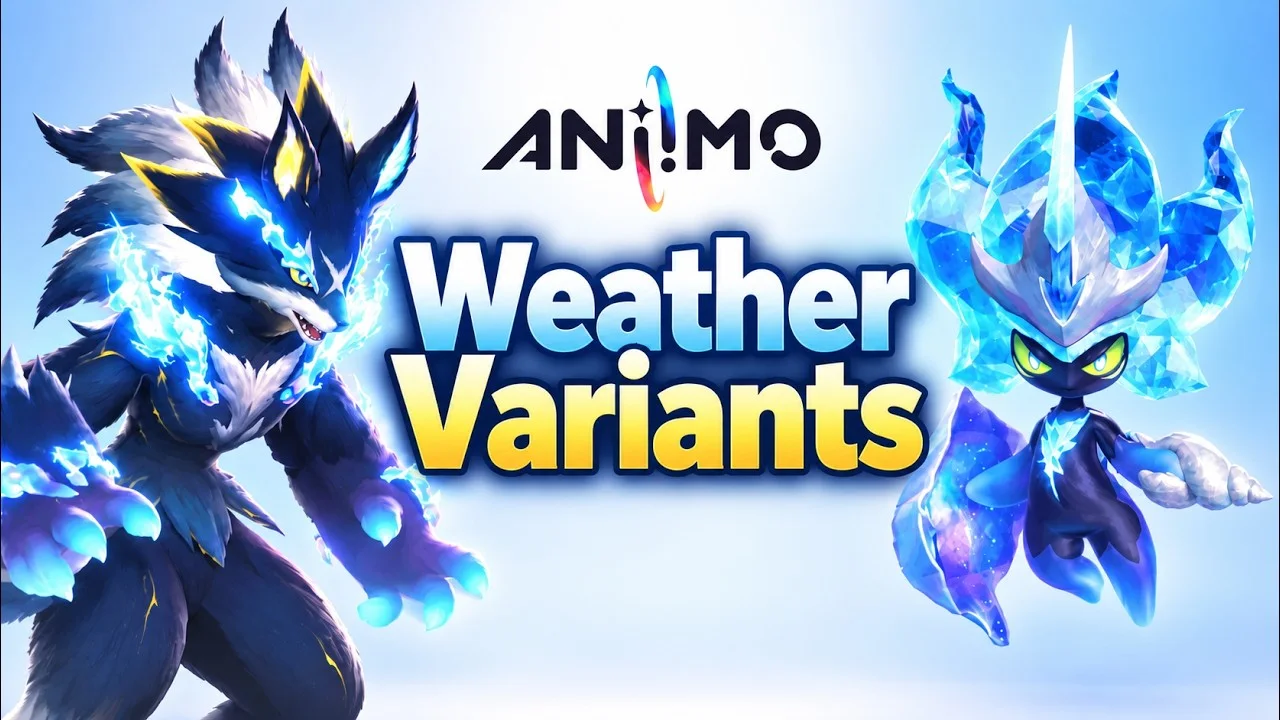 AniimoSync’s Weather Variants thumbnail for Aniimo: Thunderstorm Scorchhowl crackling with blue lightning beside a crystal blue Sherro
