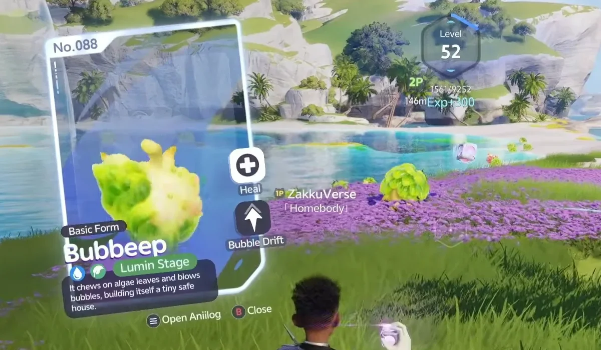 Bubbeep’s Aniilog card in Aniimo’s closed beta: No.088, Basic Form, Lumin Stage, Water and Grass, with Heal and Bubble Drift badges