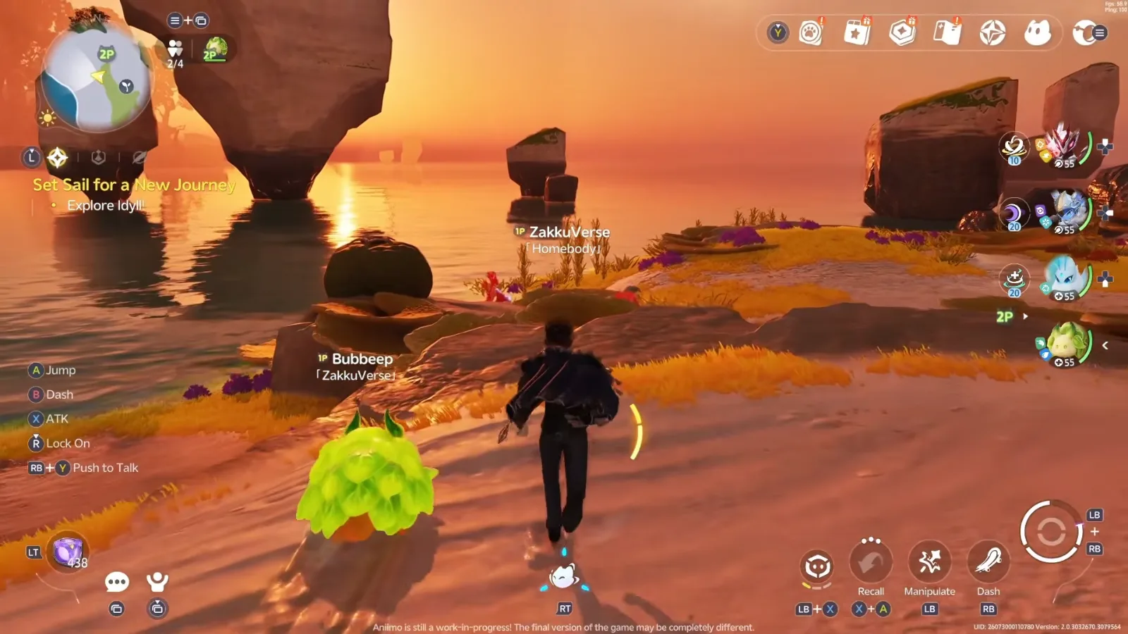 Bubbeep following ZakkuVerse’s Pathfinder along a sunset beach of sea stacks and orange grass in Aniimo’s closed beta