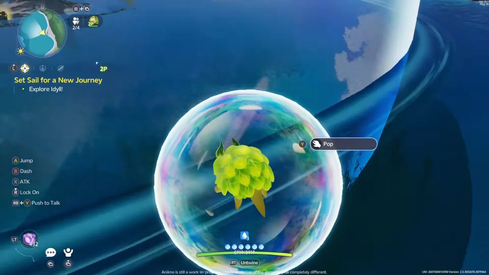 Bubble Drift in Aniimo’s closed beta: a green Bubbeep inside a giant floating bubble over deep blue water, with a Pop prompt