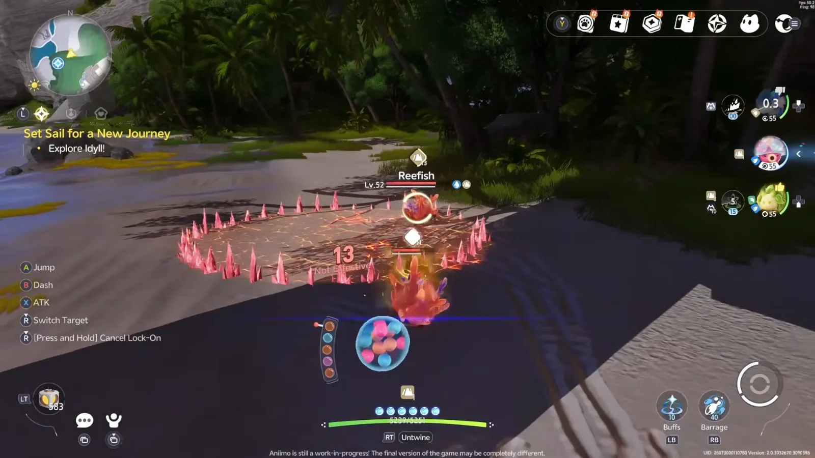 Coral Trap in Aniimo’s closed beta, a ring of red coral spikes around a wild Lv.52 Reefish while Gachapus fights it on a beach