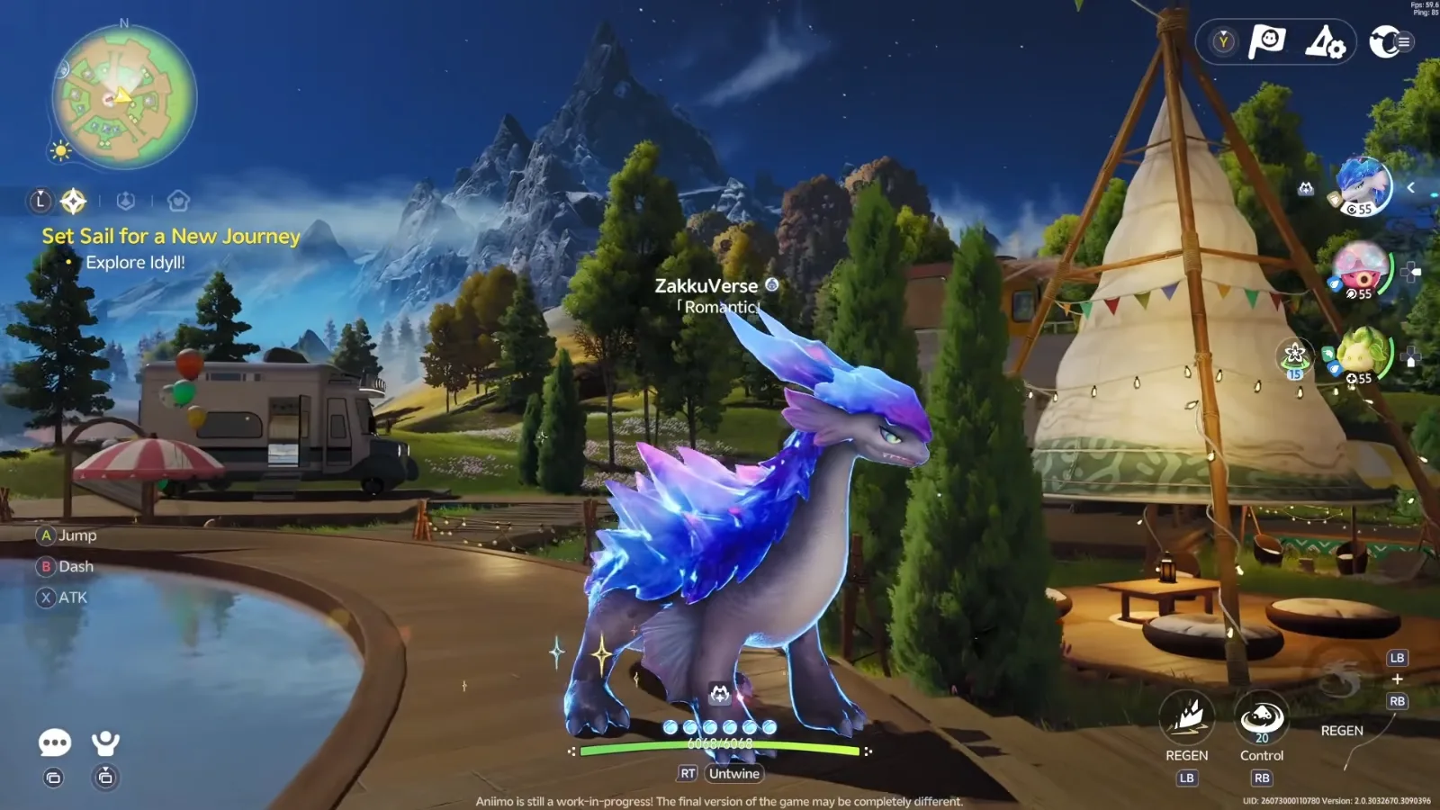 Coraliz in its Rainstorm Form in Aniimo’s closed beta, a grey dragon with blue and violet crystal spines at ZakkuVerse’s camp