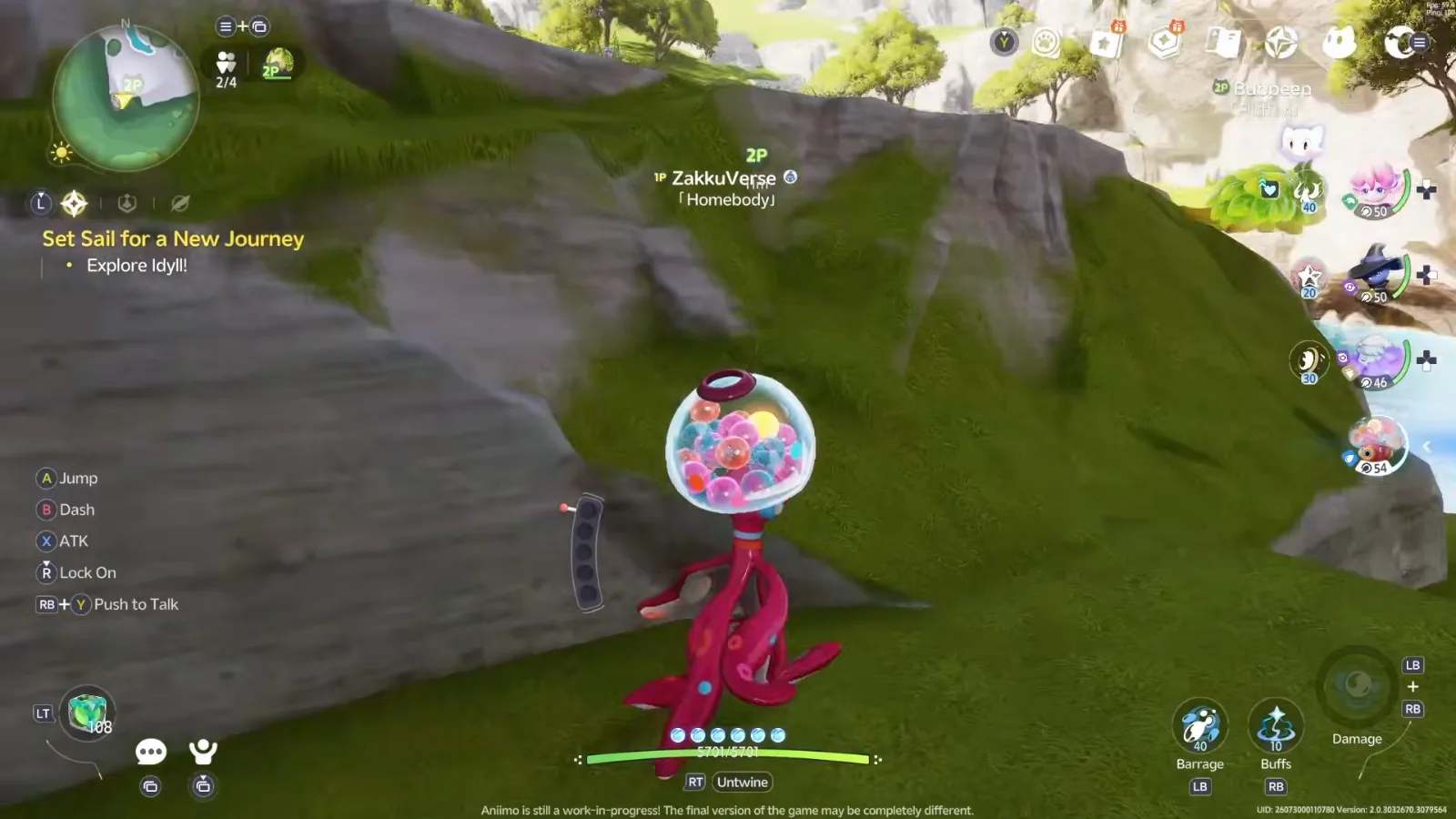 Gachapus in Aniimo’s closed beta, a red octopus whose glass dome head is full of coloured gacha bubbles, on a grassy cliff
