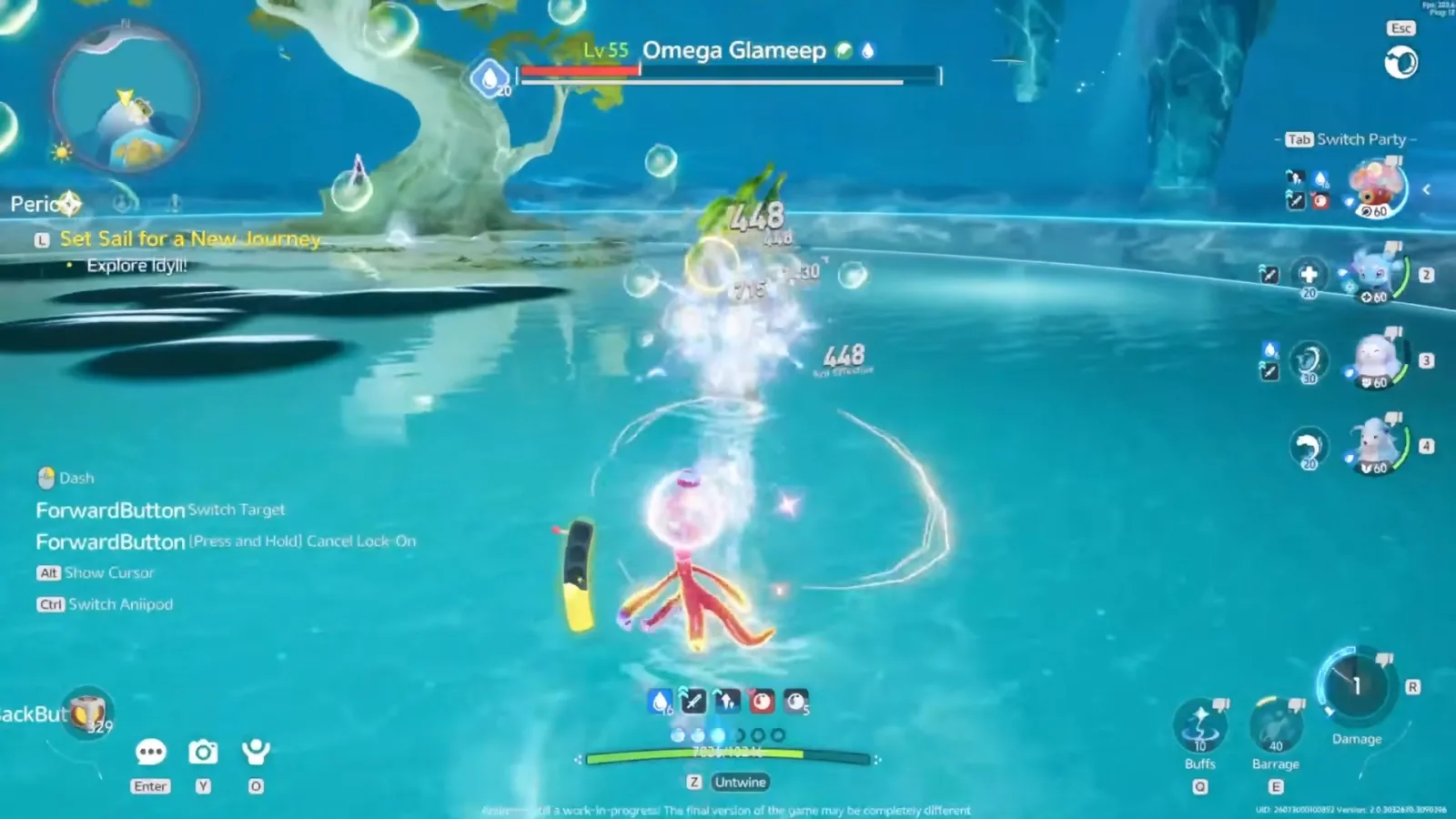 Gachapus hitting Lv 55 Omega Glameep for 448 damage in Aniimo’s closed beta, bubbles bursting over a turquoise lagoon
