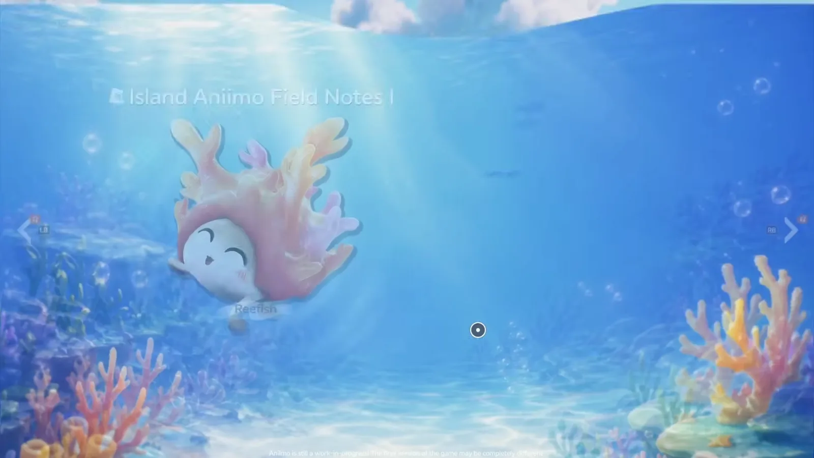 Reefish on the Island Aniimo Field Notes title card in Aniimo’s closed beta, a coral-headed creature swimming over an underwater reef