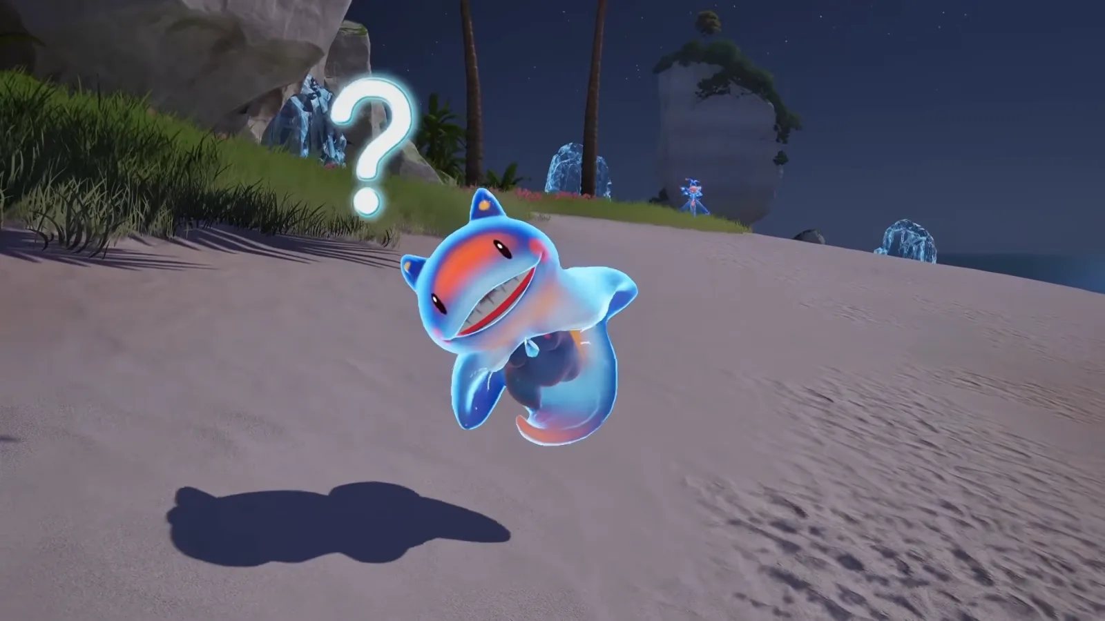 Malangel in Aniimo’s closed beta, a small blue Ice Aniimo with a wide toothy grin and a question mark, on a moonlit beach