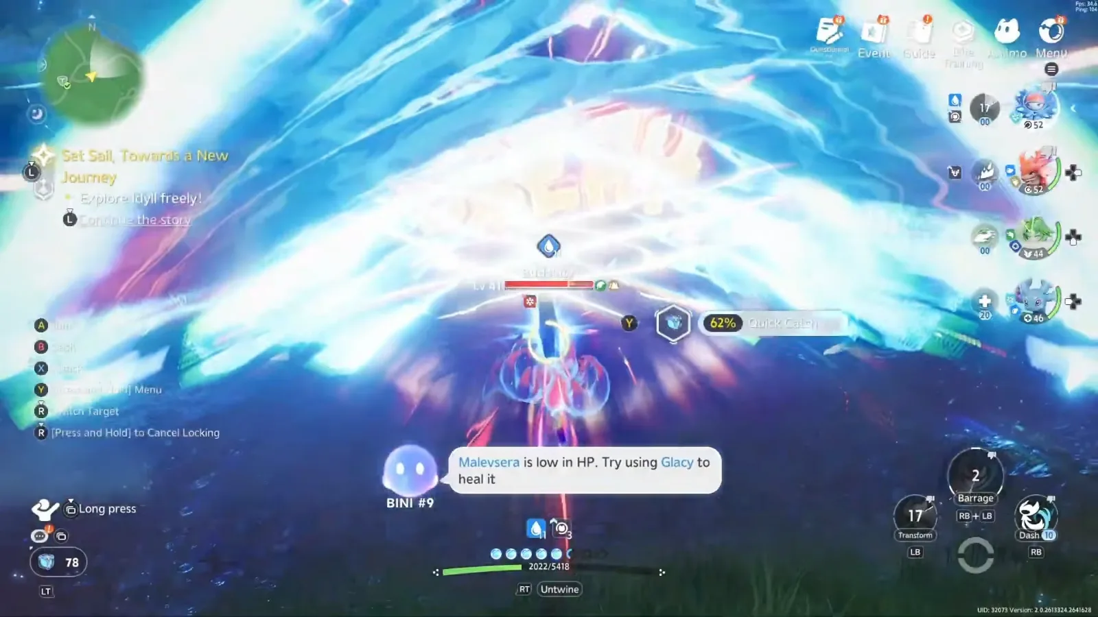 Malevsera in Demonic State in Aniimo’s closed beta, a blue blast on screen and the hint Malevsera is low in HP, try using Glacy to heal it