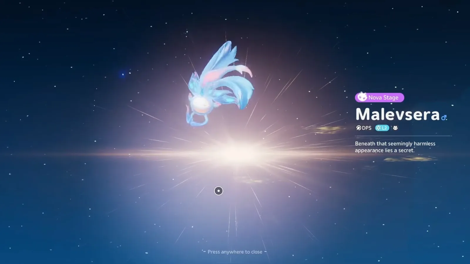 Malevsera evolution card in Aniimo’s closed beta: Nova Stage, male, DPS, Ice L2, reading Beneath that seemingly harmless appearance lies a secret
