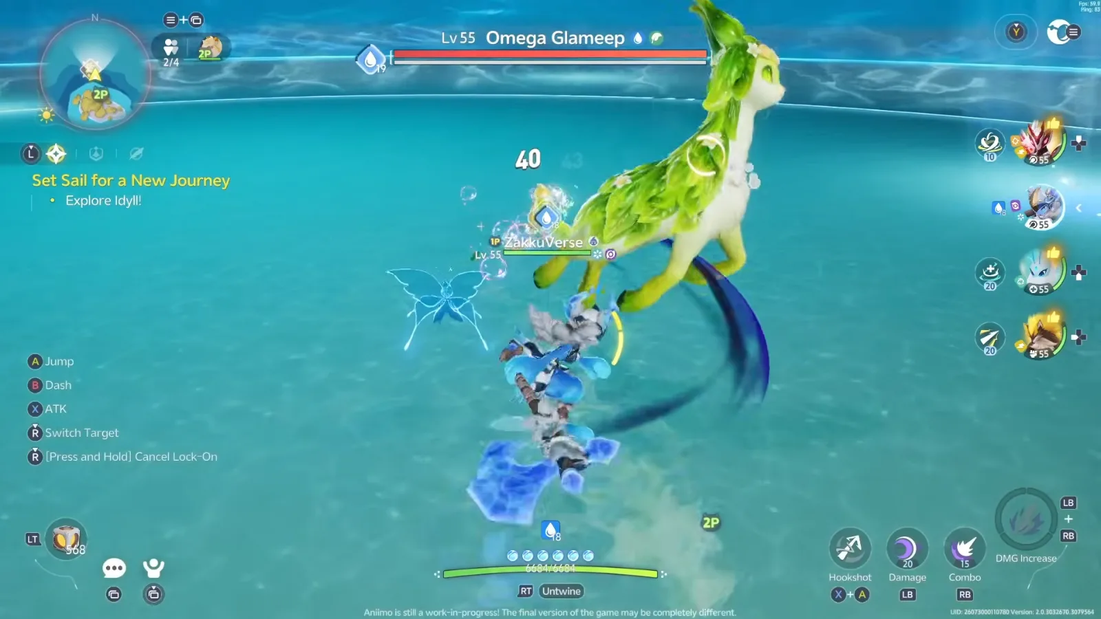 Lv 55 Omega Glameep boss bar in Aniimo’s closed beta, the green leaf-feathered Glameep fighting ZakkuVerse’s squad in shallow water