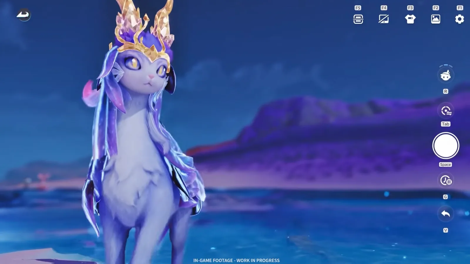 Prismana Glameep in Aniimo photo mode, a violet glassy Glameep with a gold crystal crown on a dusk beach, labelled work in progress