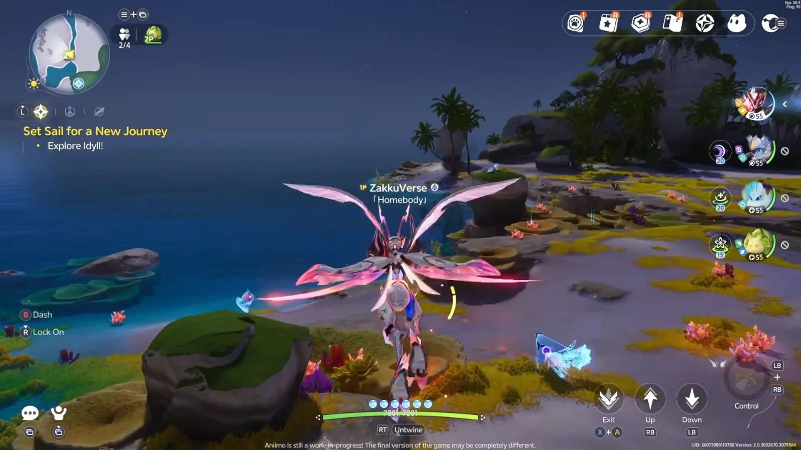 ZakkuVerse’s Pathfinder flying on pink wings over the coral coast of Whisperwake Isles at night in Aniimo’s closed beta