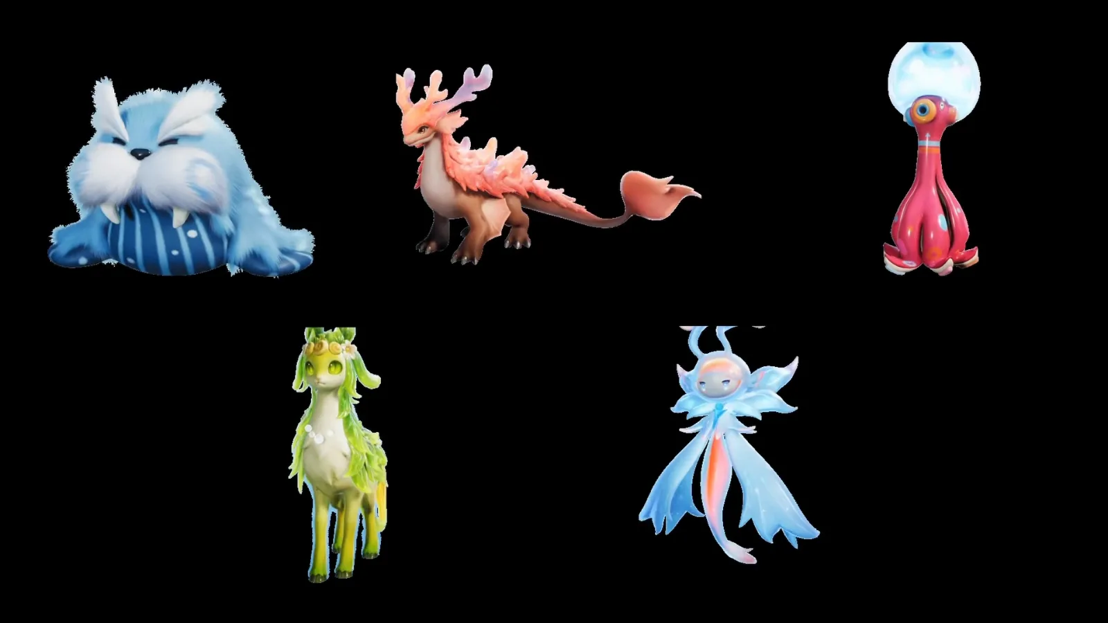 Five Whisperwake Isles Aniimo renders on black in ZakkuVerse’s video: Wavwal, Coraliz, Gachapus, Glameep and Malevsera