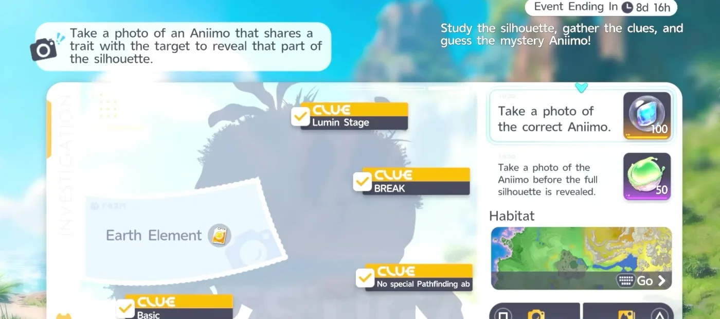 The Aniimo investigation board with clue tags reading Lumin Stage, BREAK, Basic and No special Pathfinding ab around a dark silhouette, and an Earth Element card in the middle