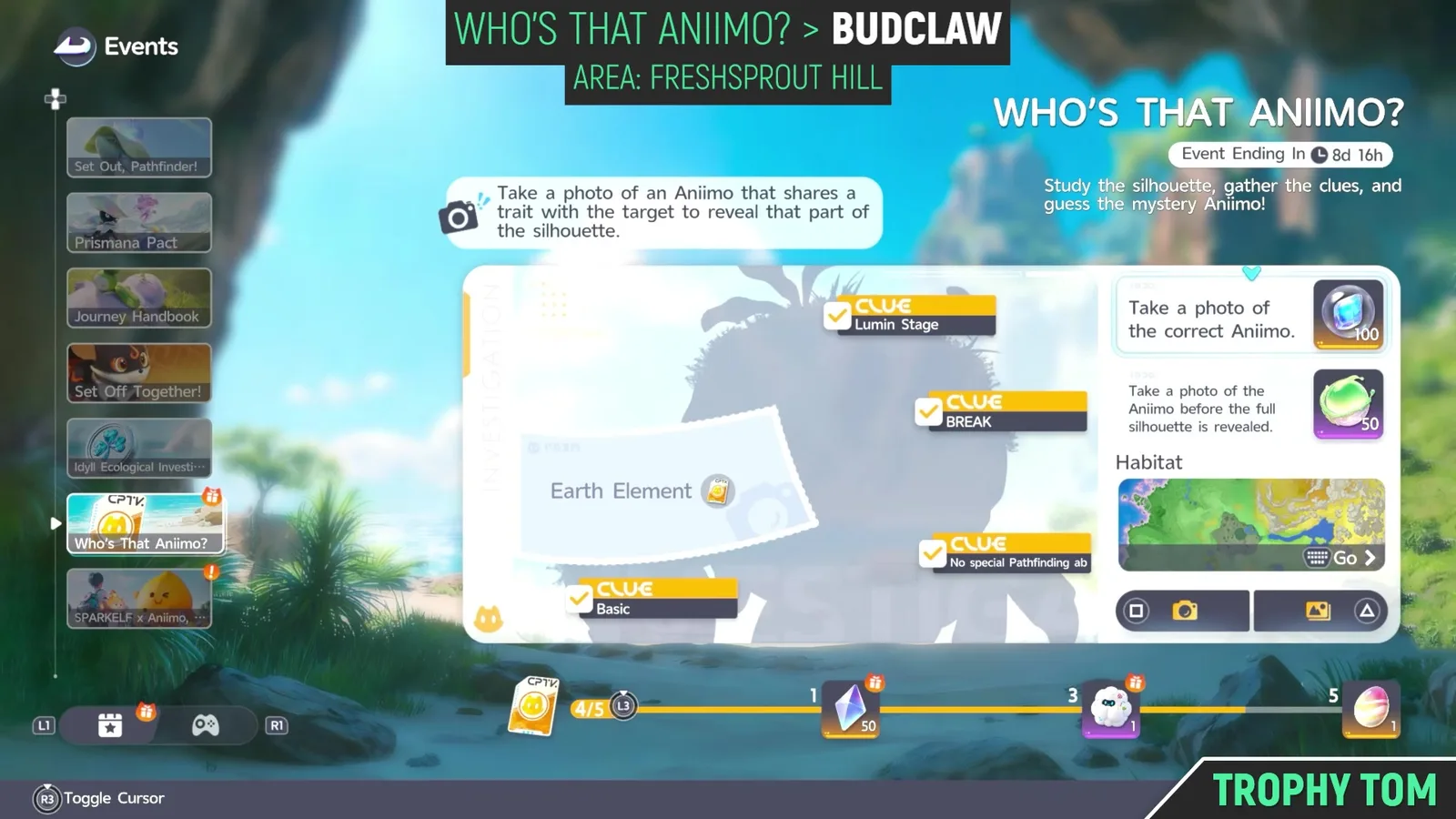 The Aniimo Who’s That Aniimo? event panel: a dark silhouette with four ticked clue tags, an Earth Element card, two photo rewards and a Habitat map thumbnail with a Go button