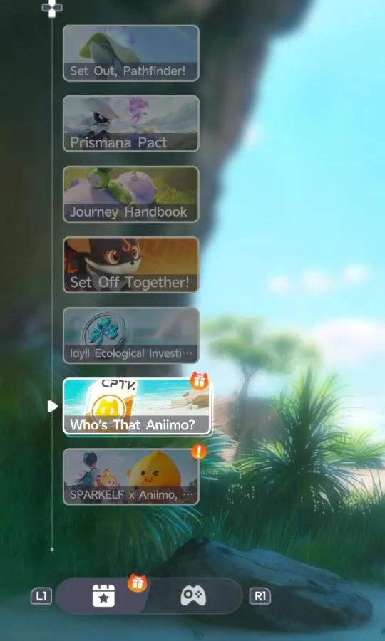 The Aniimo Events menu sidebar with Set Out Pathfinder, Prismana Pact, Journey Handbook, Set Off Together, Idyll Ecological Investigation, Who’s That Aniimo? and SPARKELF x Aniimo