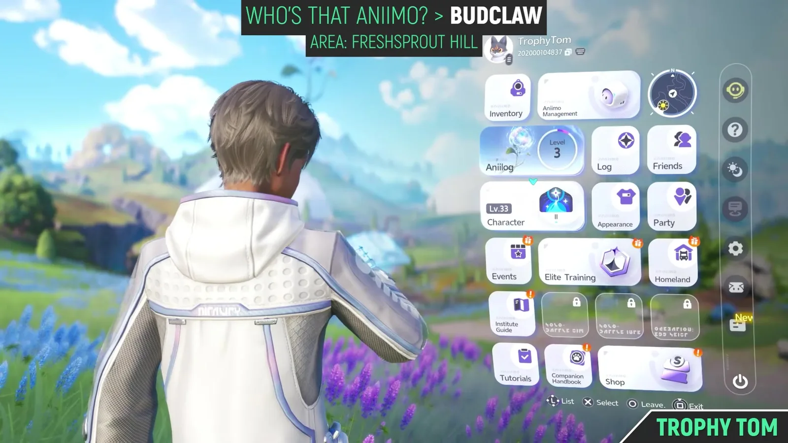 The Aniimo main menu open in the field, with Inventory, Aniimo Management, Aniilog, Character, Events, Elite Training and Homeland tiles beside the Pathfinder