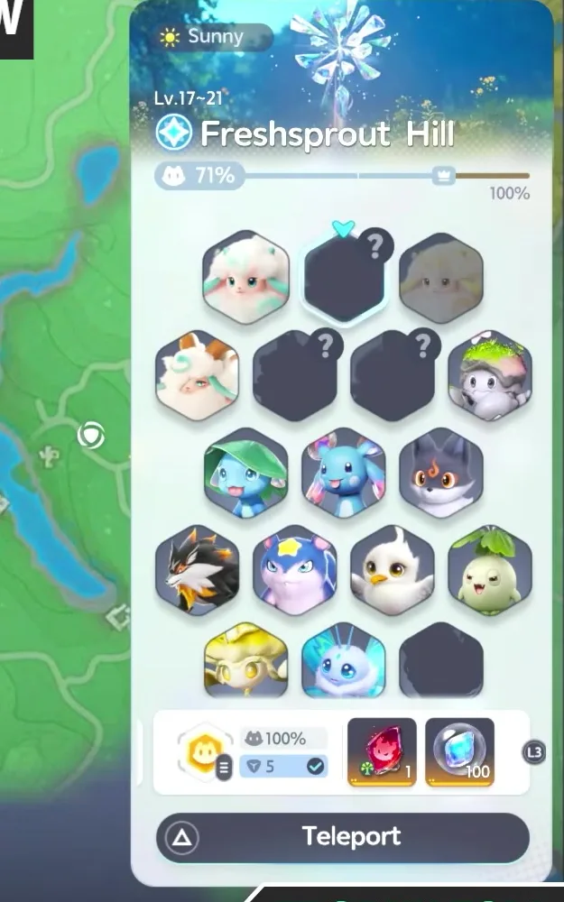 The Aniimo teleport panel for Freshsprout Hill, Lv.17~21, showing the local Aniimo roster including Budclaw and a Teleport button