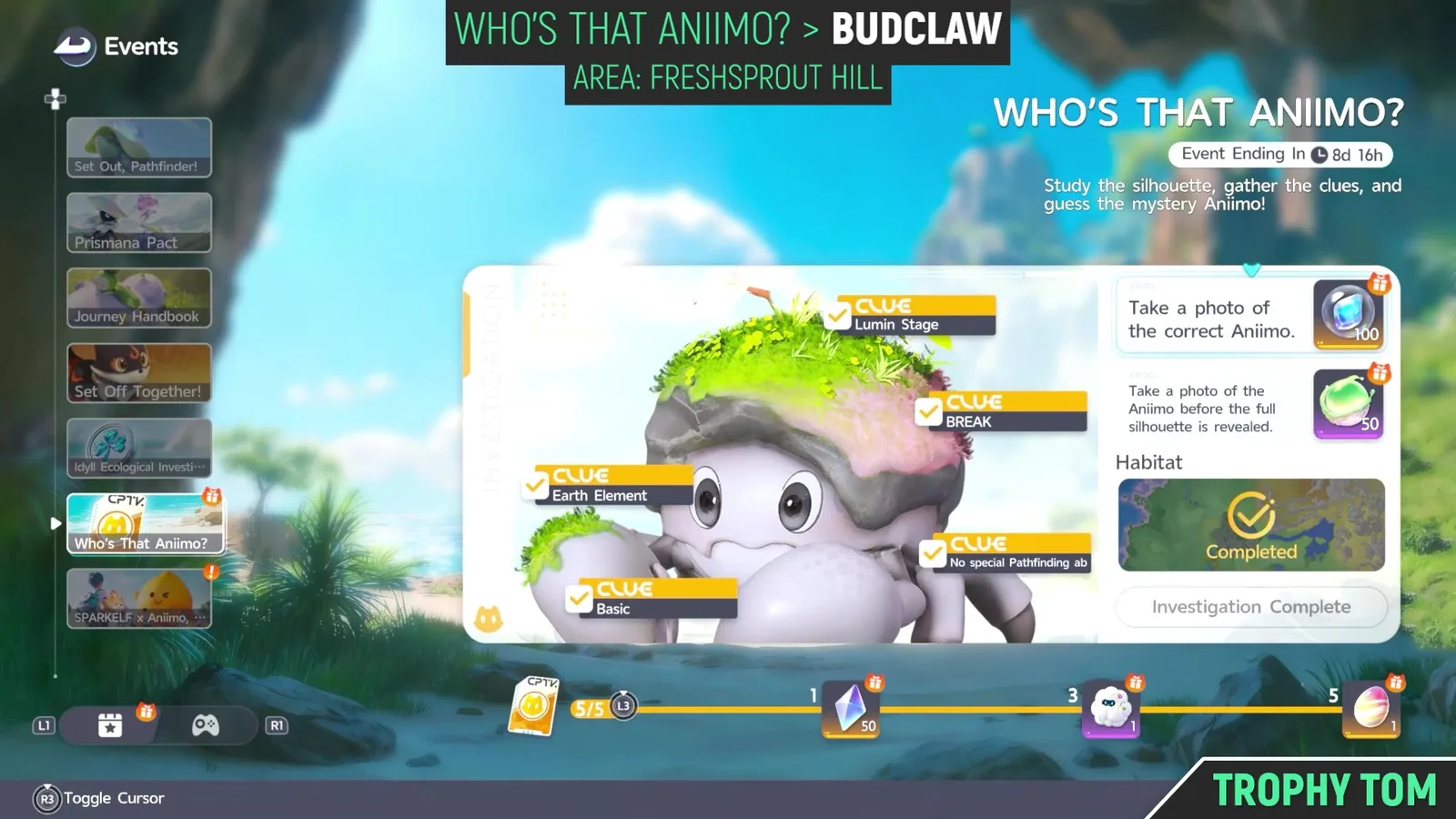 The Aniimo Who’s That Aniimo? panel after solving it: Budclaw revealed in place of the silhouette, all five clue tags ticked, Habitat marked Completed and Investigation Complete below