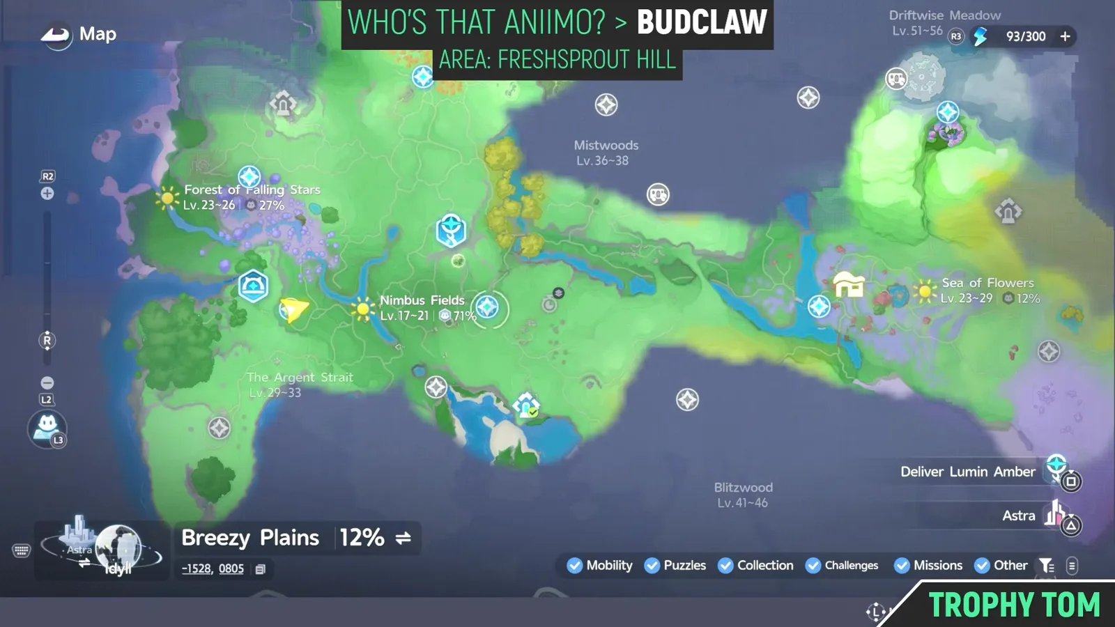The Aniimo world map of Breezy Plains with Nimbus Fields, Forest of Falling Stars, The Argent Strait, Mistwoods, Sea of Flowers and Driftwise Meadow labelled