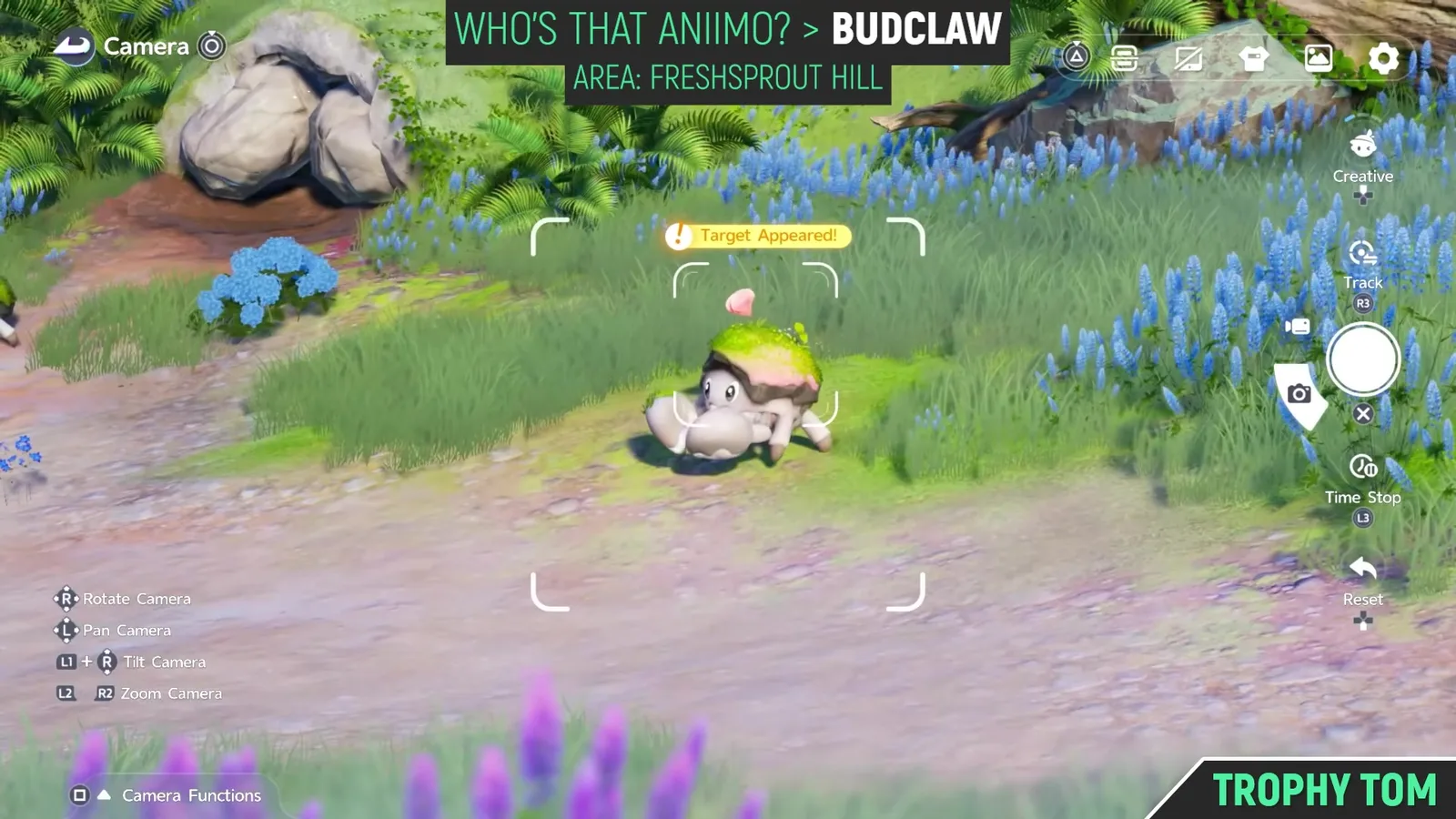 Aniimo photo mode with Budclaw inside the focus reticle and a yellow Target Appeared! banner, beside the Creative, Track, shutter, Time Stop and Reset rail