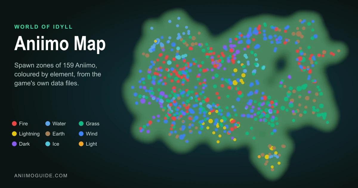 Aniimo map of Idyll drawn from the spawn zones of 159 Aniimo, each zone coloured by its Aniimo's element